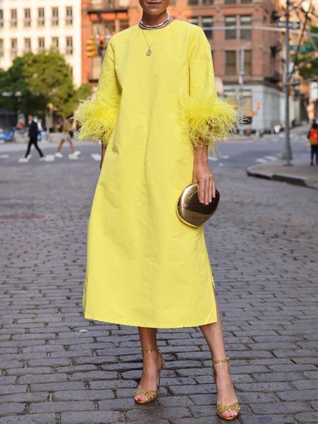 

Elegant Plain Crew Neck Loose Dress, Yellow, Maxi Dresses