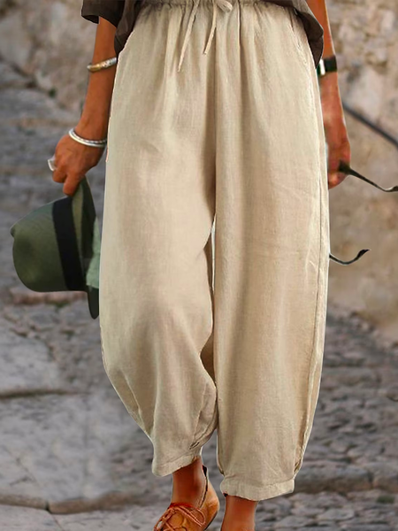 Loose Plain Cotton Casual Pants, Apricot, Pants