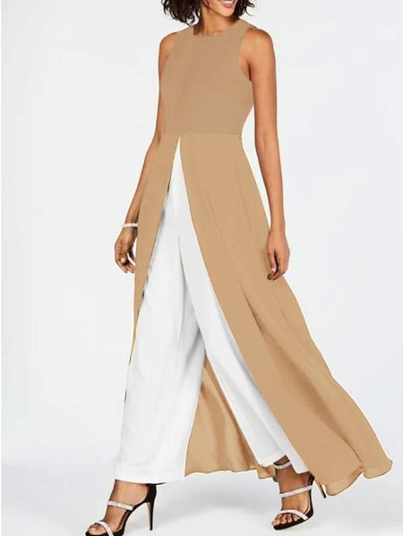 

Contrast Black Round Neck Sleeveless Jumpsuit, Khaki, Jumpsuits＆Rompers