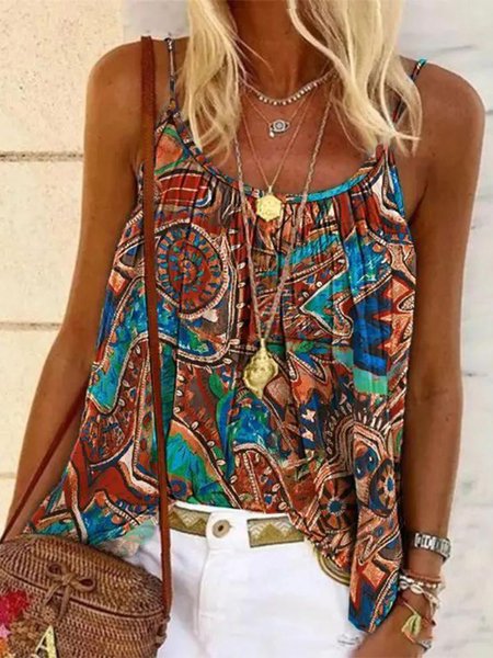 

Loose Casual Ethnic Tank Top, Brown, Tanks & Camis