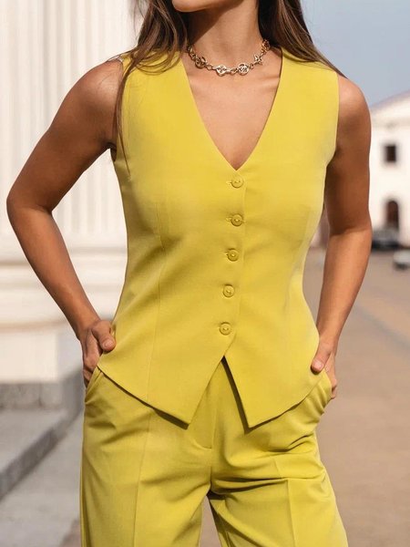 

Urban Loose Plain V Neck Vest, Yellow, Vests and Gilets