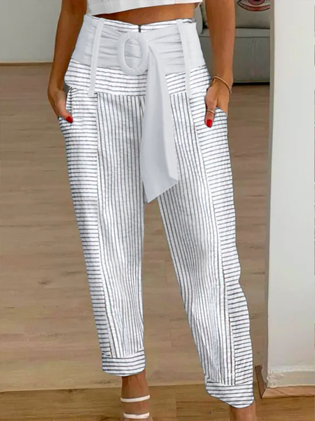 

Women Striped High Waist Pockets Tie Belt Zipper Loose Casual Cargo Pants, Gray, Pants