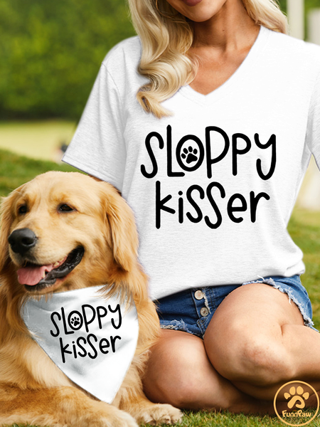 

Women's Sloppy kisser V Neck Casual Matching Dog Print T-Shirt T-Shirt, White, T-shirts