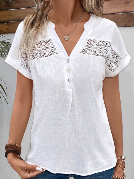

Lace Casual V Neck Plain Shirt, White, Shirts & Blouses