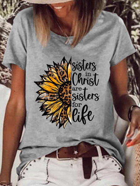 

Women's Sisters in Christ Sunflower Casual Loose Sunflower Cotton-Blend T-Shirt, Gray, T-shirts