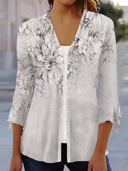 

Regular Fit V Neck Flare Sleeve Casual Floral Kimono, Gray, Cardigans