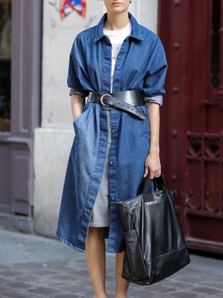 

Regular Fit Plain Shirt Collar Casual Denim Coat, Blue, Jackets