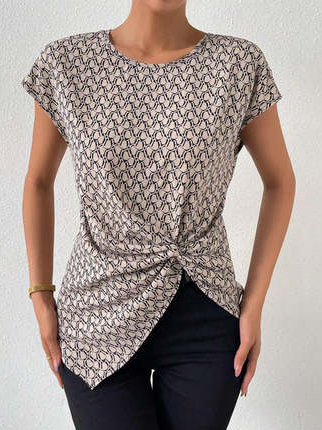 Loose Crew Neck Geometric Casual Shirt, Khaki, Shirts & Blouses