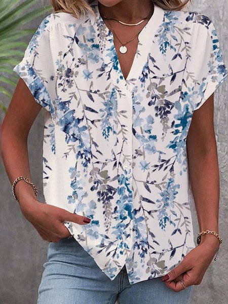 

Casual Cotton Loose V Neck Blouse, Blue, Shirts & Blouses
