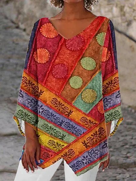 

Casual V Neck Ethnic Shirt, Red, Shirts & Blouses