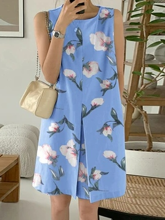 

Loose Casual Crew Neck Floral Dress With No Belt, Blue, Dresses