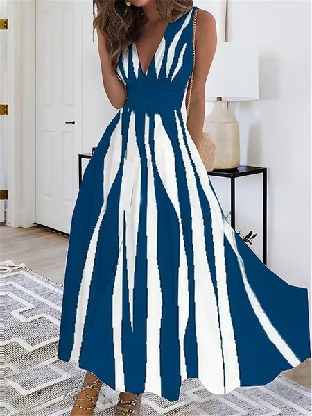 

Loose V Neck Geometric Casual Dress, Stripe, Dresses