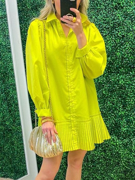 

Regular Fit Urban Plain Shirt Collar Mini Dress With No Belt, Yellow, Mini Dresses