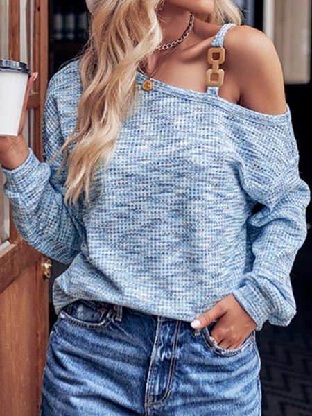 

Casual Plain One Shoulder T-Shirt, Blue, T-Shirts