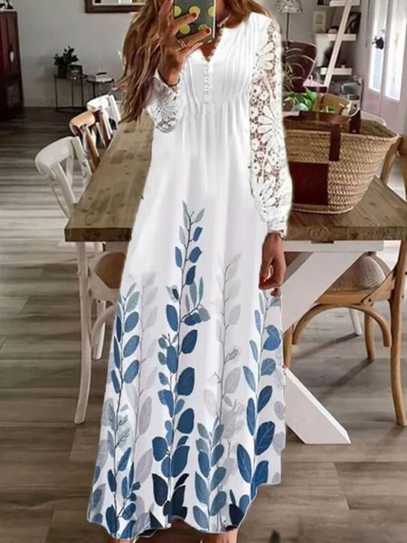 

Casual Floral V Neck Regular Fit Dress, Blue, Dresses