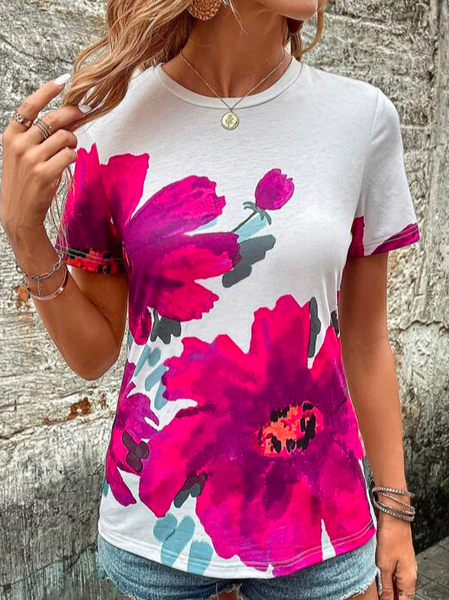 

Floral Loose Casual Crew Neck T-Shirt, Pink, T-Shirts