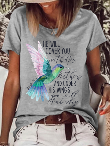 

Women's Psalm 91:4 Hummingbird Cotton-Blend Casual Text Letters T-Shirt, Gray, T-shirts