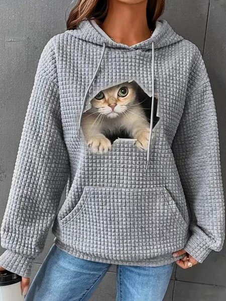 

Loose Casual Cat Print Hoodie, Gray, Sweatshirts & Hoodies