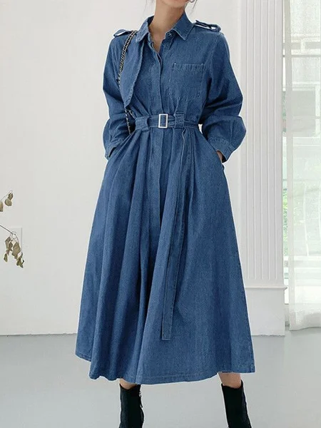 

Urban Plain Denim Shirt Collar Denim Dress, Blue, Midi Dresses