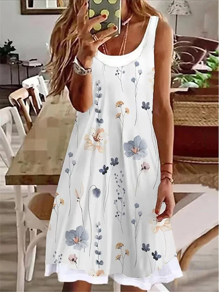 Casual Floral Loose Crew Neck Dress, White, Mini Dresses