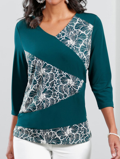 

Casual V Neck Loose Floral T-Shirt, Green, T-Shirts