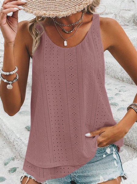 

Loose Geometric Elegant Crew Neck Solid Eyelet Embroidery Tank Top, Dusty pink, Tanks & Camis