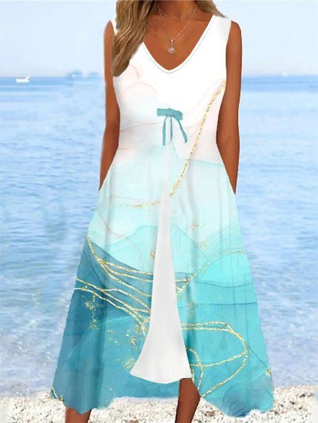 

V Neck Elegant Ombre Dress, Blue, Dresses