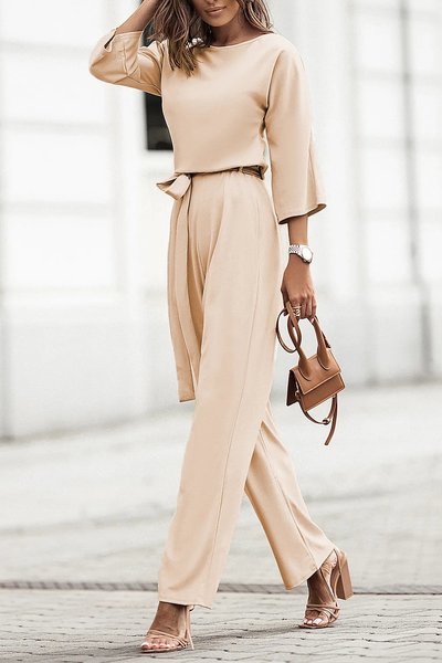 

Crew Neck Casual Plain Loose Jumpsuit, Apricot, Jumpsuits＆Rompers