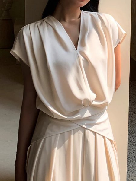 

Elegant Loose Plain V Neck Shirt, Apricot, Blouses and Shirts