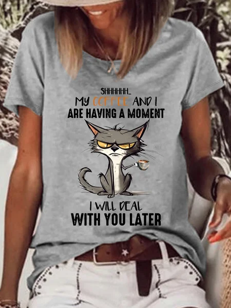 

Women's Funny Cat Coffee Saying Coffee Lovers Casual Cat Loose T-Shirt, Gray, T-shirts