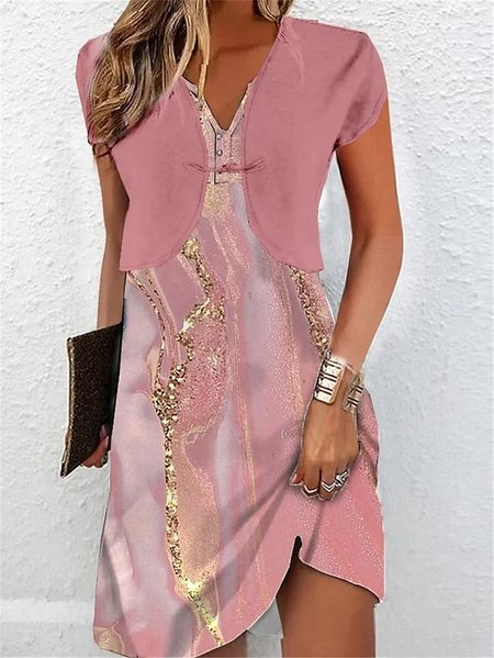 

V Neck Loose Gradient Pattern Casual Two-Piece Set, Pink, Suit Set