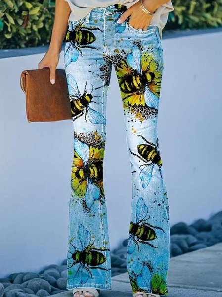 

Urban Casual Bee Floral Pattern Regular Fit Pocket Stitching Straight Pnats Jeans, Blue, Jeans
