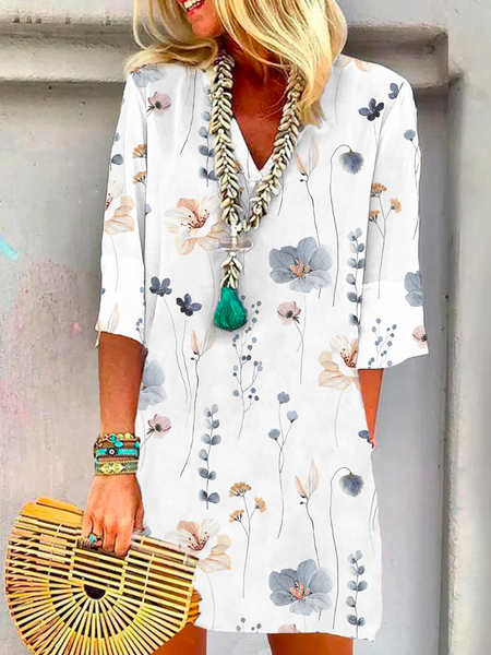 

Casual V Neck Floral Dress, White, Dresses