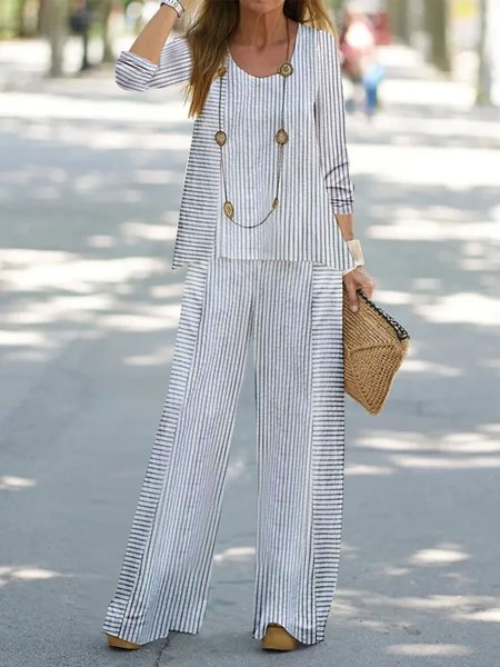

Striped Printed Loose Crew Neck Casual Two-Piece Set, White, Suits