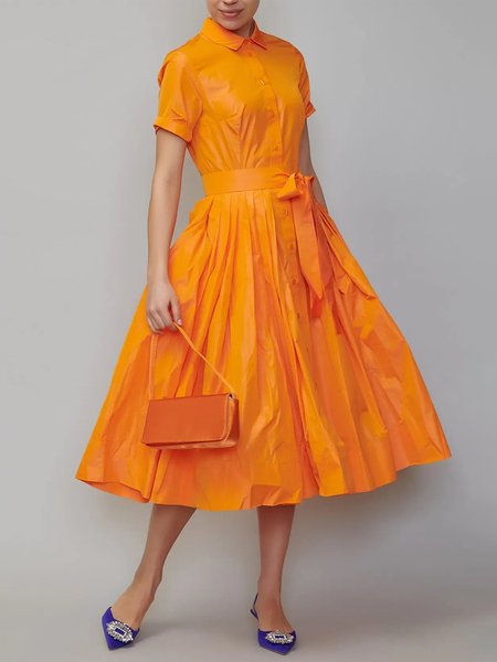 

Short sleeve Shirt Collar Plain Elegant Dress, Orange, Midi Dresses