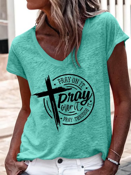 

Women's Christian cross Letters Pray on it Pray over it Pray through it Casual T-Shirt, Green, T-shirts