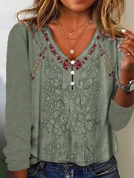 

Plus size Ethnic V Neck Casual Buttoned Shirt, Green, Shirts & Blouses