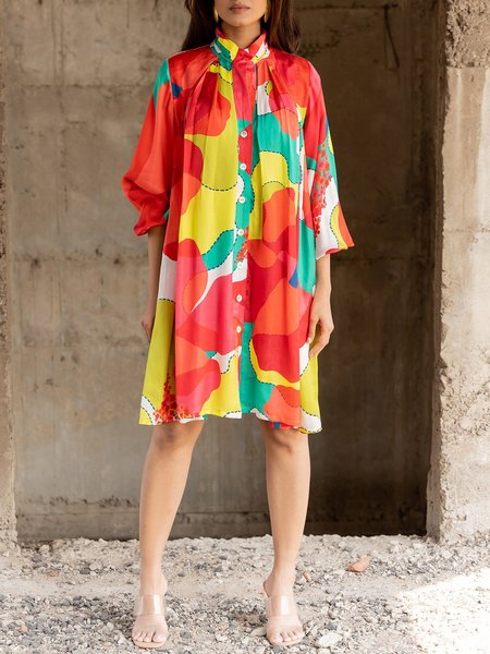 

Abstract Graphic Stand Collar Vacation Loose Dress, As picture, Midi Dresses