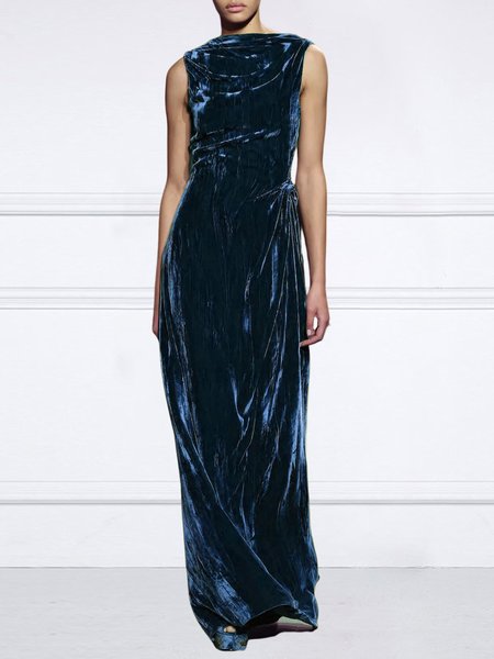 

Elegant Plain Boat Neck Regular Fit Dress, Blue, Maxi Dresses