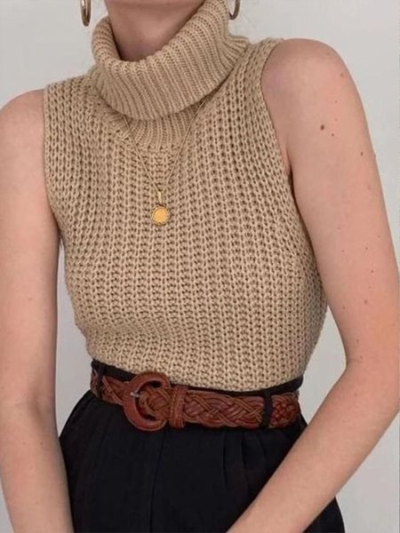 

Turtleneck Urban Sleeveless Basic Plain Sweater, Apricot, Pullovers