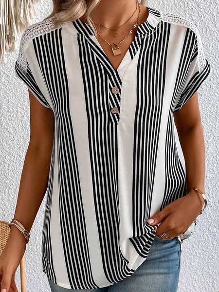 

Striped Casual V Neck Loose Shirt, Black, Shirts & Blouses