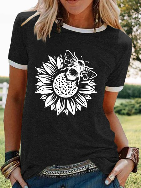 

Women's Bee and sunflower Crew Neck Casual Text Letters Regular Fit T-Shirt, Black, T-shirts