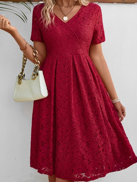 

Lace Regular Fit Elegant Pleated Dress, Red, Dresses
