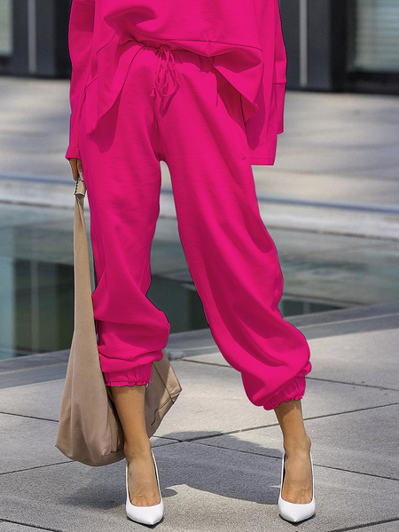 

Loose Micro-Elasticity Casual Plain Long Sweatpants & Joggers, Rose red, Pants
