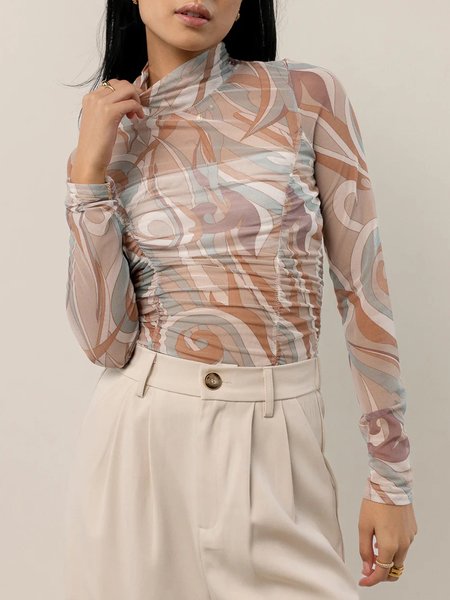 

Turtleneck Random Print Tight Urban T-Shirt, As picture, Tees