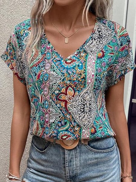

Loose V Neck Casual Ethnic T-Shirt, Dark blue, T-Shirts