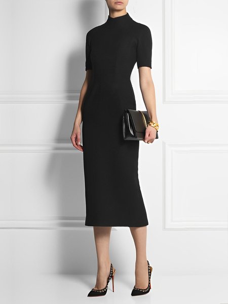 

Elegant Regular Fit Plain Stand Collar Midi Dress, Black, Midi Dresses