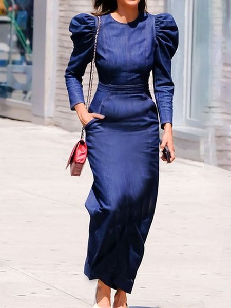 

Crew Neck Urban Regular Fit Denim Dress, Blue, Maxi Dresses