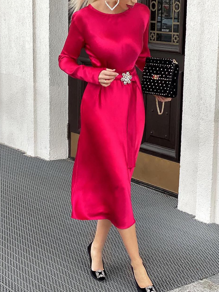 

Plain Elegant Regular Fit Long sleeve Midi Dress With Belt, Red, Midi Dresses