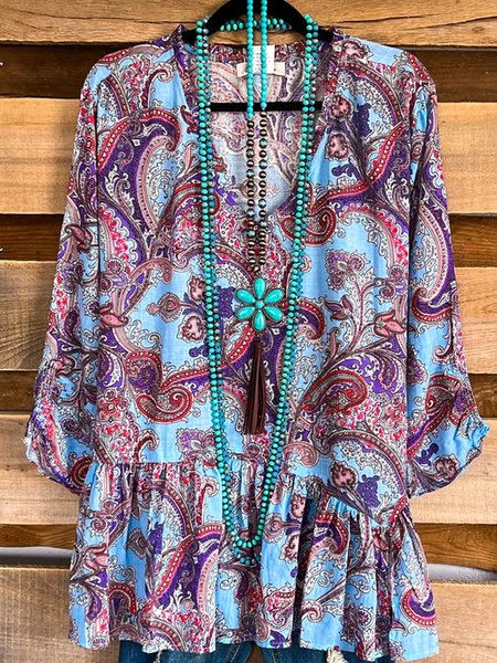 

V Neck Loose Casual Shirt, Blue, Shirts & Blouses